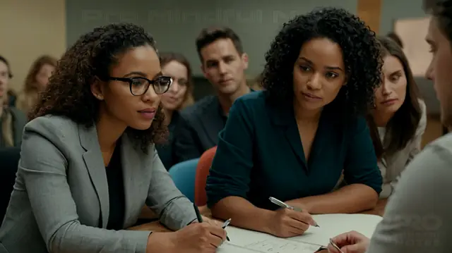 A diverse group of professionals engaged in collaborative problem-solving, dynamic interpersonal communication, thoughtful resource allocation, supportive emotional intelligence, and innovative community service