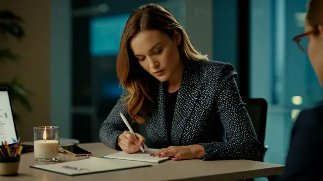 woman writing notes, professional office setting, focused expression, modern technology on desk, visual aids like diagrams and flowcharts, diverse group of people representing clients, collaborative interaction between social worker and client, digital devices for case management