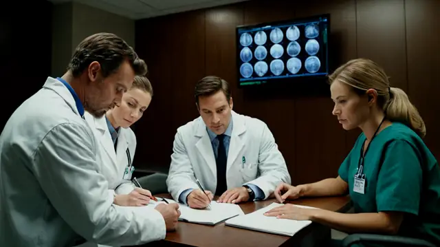 A group of attentive medical professionals engaged in taking comprehensive notes, a visually appealing supervision board displaying key clinical information, an array of diverse patients receiving quality healthcare services