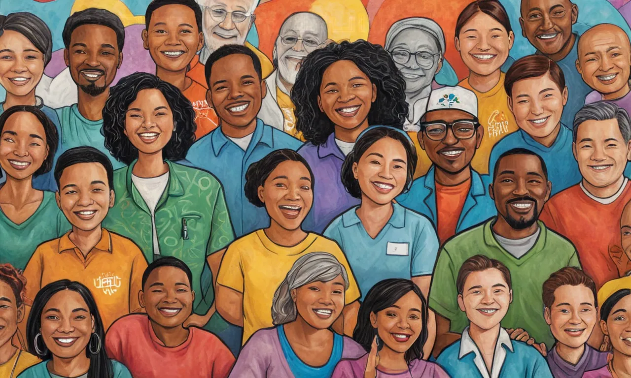 diverse group of people, faces showing various emotions, colorful mural background, hope and serenity motifs, bustling Medicaid service center, array of tools symbolizing case management services, a sense of community support, subtle healthcare imagery