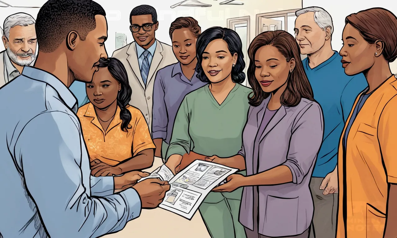 A graphic illustration showing a mediator guiding a client through medical aid pathways, diverse group of people representing various demographics, subtle colors symbolizing hope and support, serene setting suggesting stability, visual emphasis on mental health focus, hint at federal-state partnership