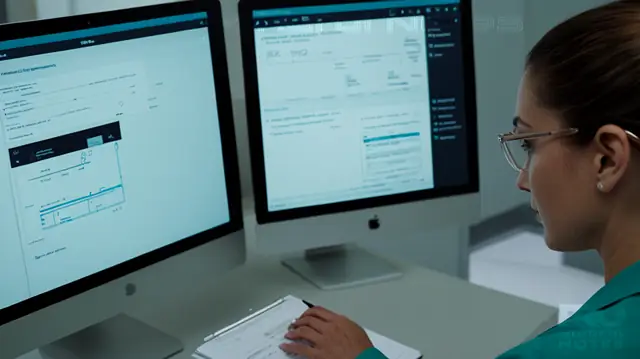 A healthcare professional reviewing a digital document interface, highlighting streamlined process steps, symbols indicating note-taking areas, efficient layout of clinical information fields, graphic elements demonstrating reduced paperwork usage, and an optimistic representation of improved patient care interaction