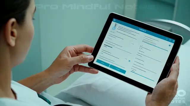 A healthcare professional digitally documenting a patient's medical history on a tablet, streamlined electronic health record interface, annotations highlighting critical information, visual representation of reduced paperwork and increased efficiency in a modern clinical setting