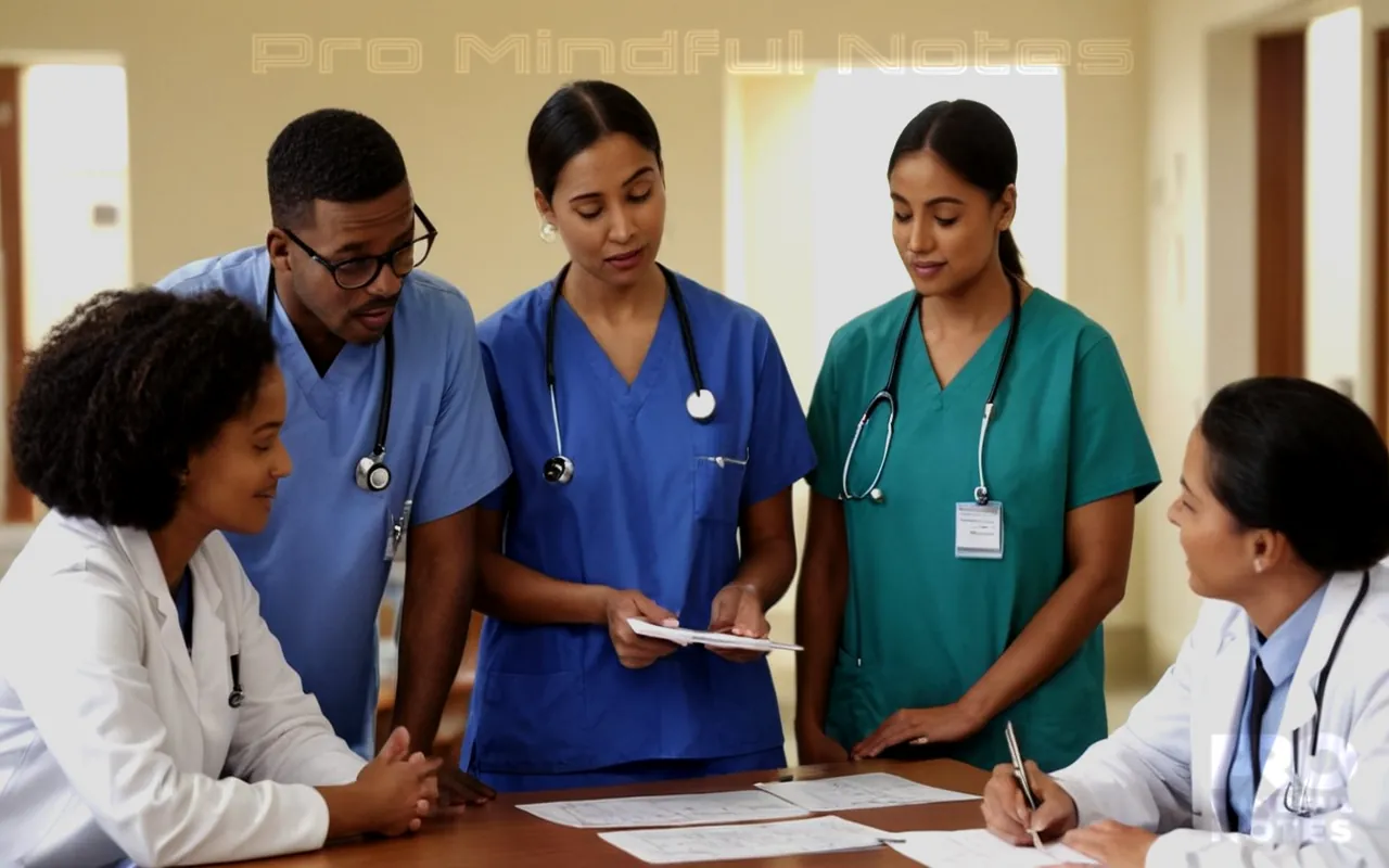 Diverse group of medical professionals and patients engaged in a respectful conversation, visible informed consent form displayed on table, serene hospital setting, compassionate expressions, symbols representing trust and communication