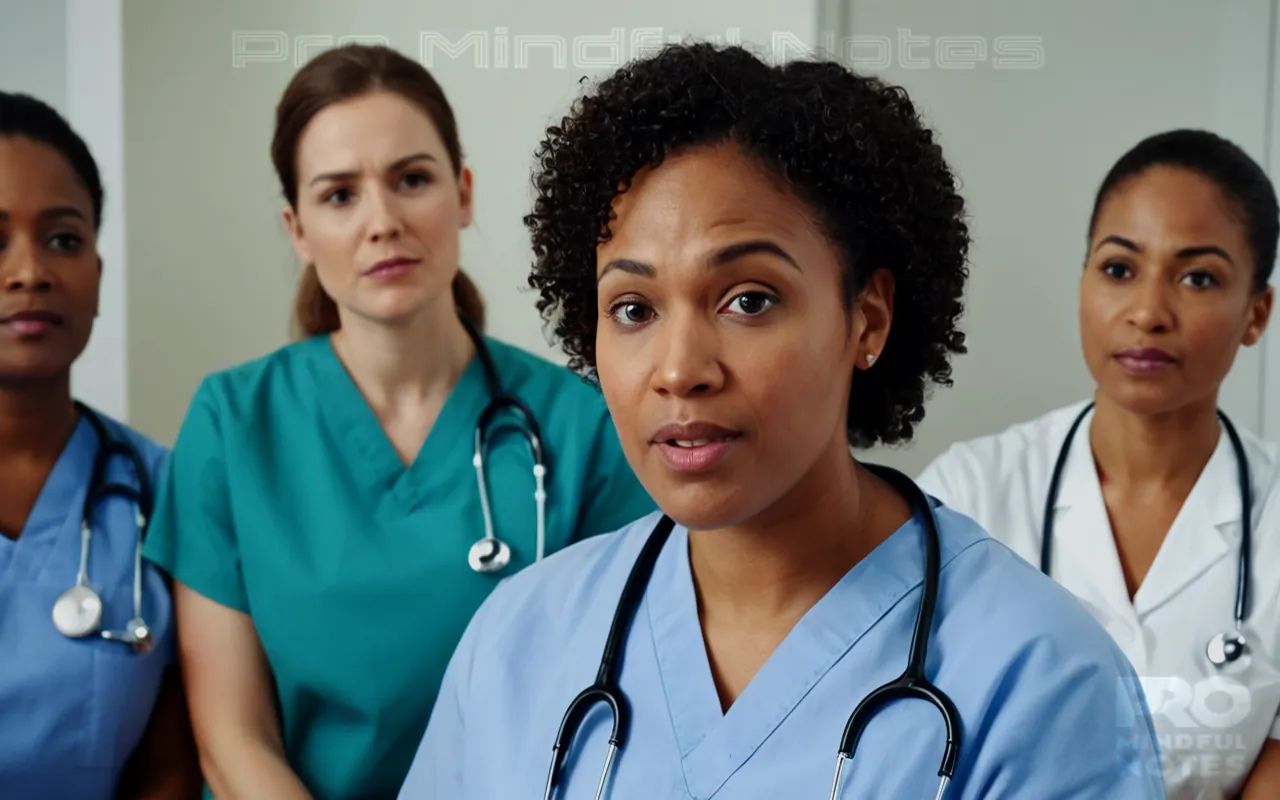 Multiple individuals facing a doctor or nurse, diverse expressions showing concern and attention, ethical dilemmas in healthcare setting, visible consent forms and decision-making tools, intimate patient-provider interaction fostering trust