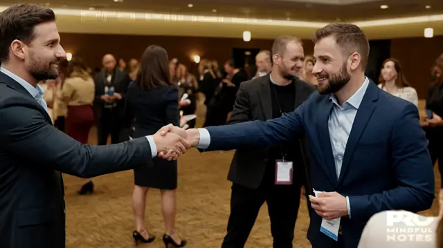 Industry professionals mingling at a conference center, handshake symbols on business cards, engaging panel discussions, networking event atmosphere, therapist-client interaction model displays, innovative therapeutic techniques in focus, motivational posters with growth mindset messages