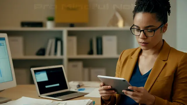 A focused individual holding a digital device, surrounded by organized files labeled for privacy, peaceful therapeutic setting, symbol of progress, professional attire, calm expression, hints of technology integration in mental health practice
