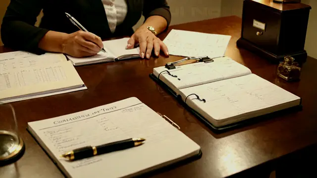 A therapist at a desk, writing notes in a journal, highlighting key points for clarity, surrounded by patient care charts, with discreetly stored confidential documents in a locked file