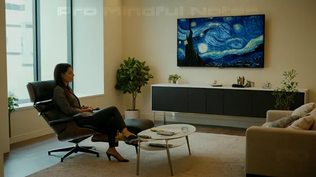 A serene therapist, calming colors, innovative technology, thoughtful expression, therapeutic notes, AI integration, modern office setting, relaxed atmosphere, enhanced patient experience