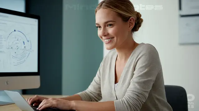 A woman smiling confidently at her computer screen, digital document flowing seamlessly into a sleek interface, therapeutic environment transformed by advanced technology