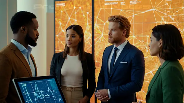 A diverse group of individuals engaged in conversation, digital screens displaying dynamic graphs, a serene therapeutic environment, innovative AI technology symbol represented by abstract imagery