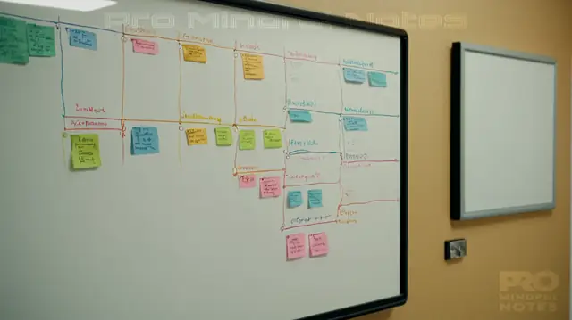 A whiteboard filled with colorful flowcharts, a pencil in hand ready to jot down notes, therapeutic symbols interspersed among treatment phases, and a modern clinical office setting bathed in warm natural light