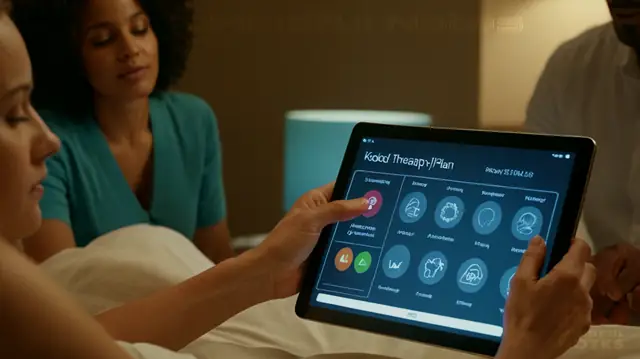 A diverse group of individuals engaged in therapeutic activities, a sleek digital tablet displaying an intricate treatment plan interface, serene professional settings exuding calmness and focus, abstract symbols representing mental well-being and therapy progress