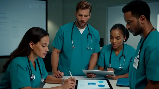 A diverse group of healthcare professionals engaging in a digital document review session