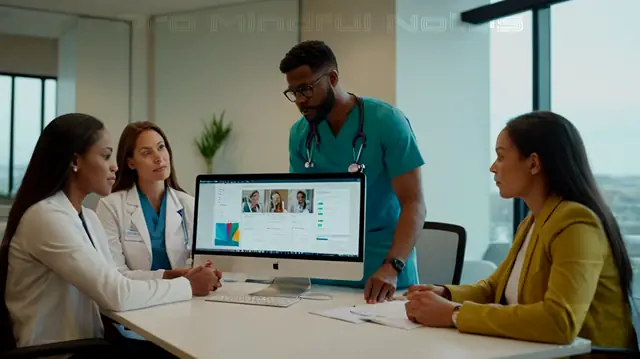 A diverse group of mental health professionals engaging in a digital document review session, colorful collaborative software interface highlighting teamwork and shared information accessibility, confident individuals discussing patient care details, modern office environment showcasing innovation in healthcare practice