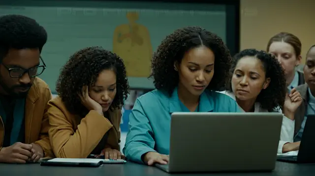 A diverse group of mental health professionals engaged in digital collaboration, a variety of electronic health records systems, symbols representing data security, human figures showing interactions across different roles and ethnicities