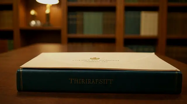 therapist's office, sealed envelope, confidential conversation, empathetic expression, bookshelf of psychology literature, digital files symbolizing data sharing compliance, subtle balance scales representing ethical dilemmas