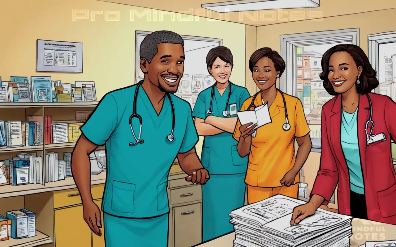 health professionals in action, diverse patients, medical equipment, welcoming environment, cultural diversity, team collaboration, health education posters, smiling faces, compassionate care, community center ambiance, informative pamphlets, bustling clinic scene, vibrant colors, warm lighting, hopeful atmosphere