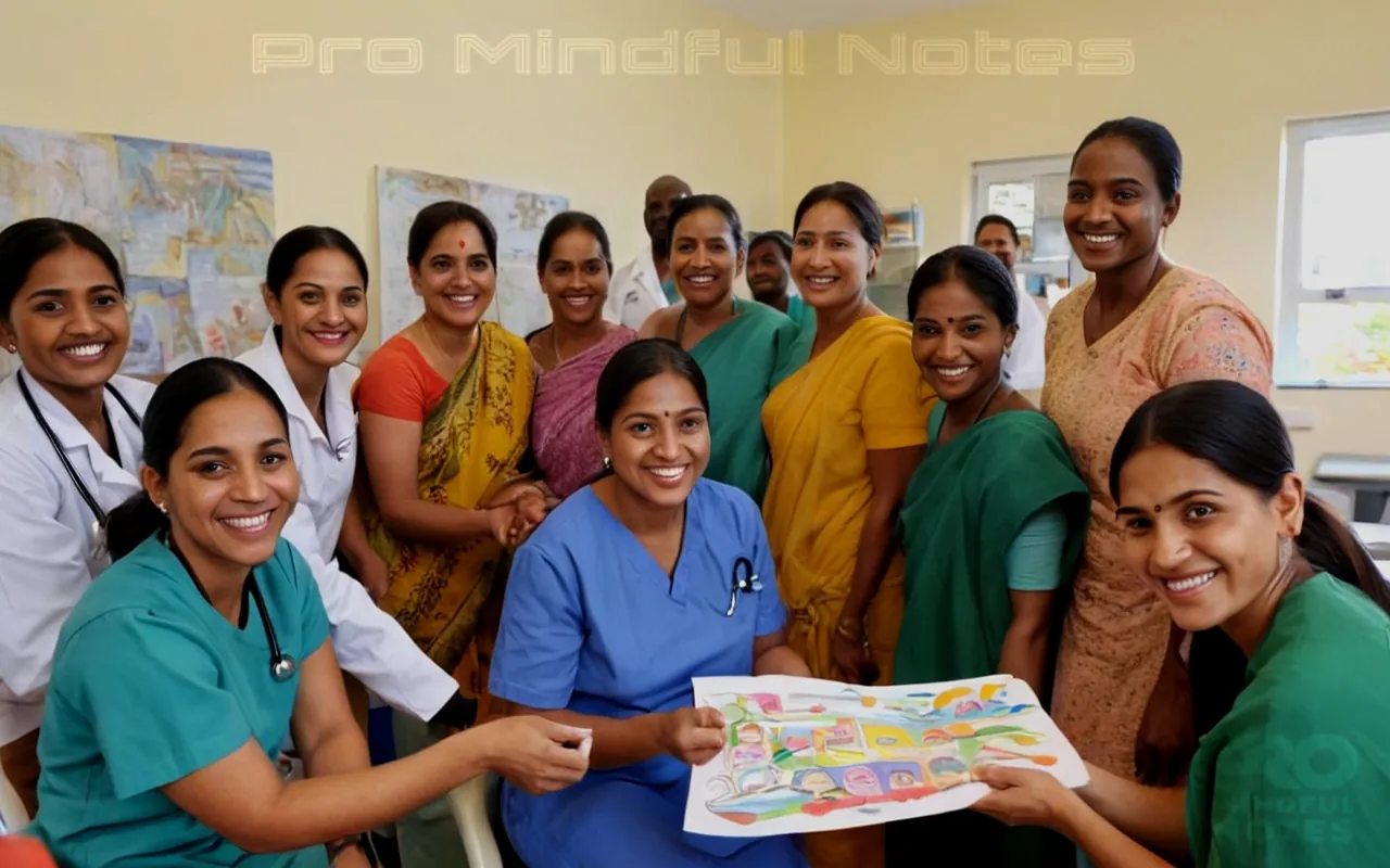 Diverse group of people from various ethnic backgrounds, smiling faces in healing environments, hands offering medical care, vibrant colors representing diversity, healthcare workers collaborating in a bustling clinic setting, visual representation of accessibility and affordability, warmth and compassion reflected in expressions