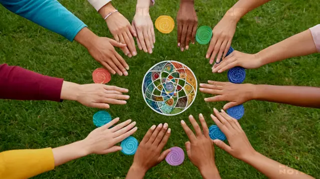 A diverse group of individuals in various therapeutic settings; hands engaged in mindfulness activities; serene nature landscape symbolizing inner peace; a balance wheel representing equilibrium between body and mind; an intertwining spiral depicting connected elements of health; vibrant colors conveying hope and well-being