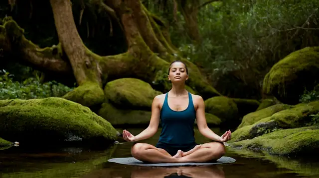 A serene individual meditating in a natural setting, surrounded by elements symbolizing mindfulness (eg, water, earth), interconnected circles representing holistic therapy components (physical, emotional, spiritual)