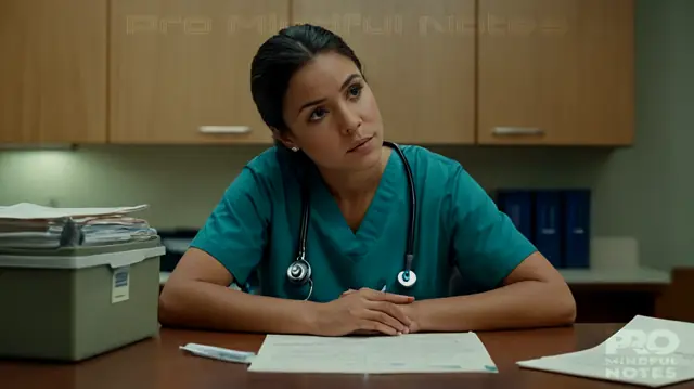 A patient sitting alone at a desk, surrounded by medical documents, looking contemplative; hospital-grade file cabinet overflowing with health records folders, partially opened to reveal patient names and dates, a pen in hand scribbling notes next to the files; HIPAA logo prominently displayed on wall art behind the scene