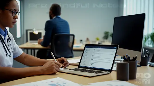 Patient holding a laptop in an office setting, medical documents spread out on desk, diverse healthcare symbols displayed prominently, professional looking figure examining paperwork