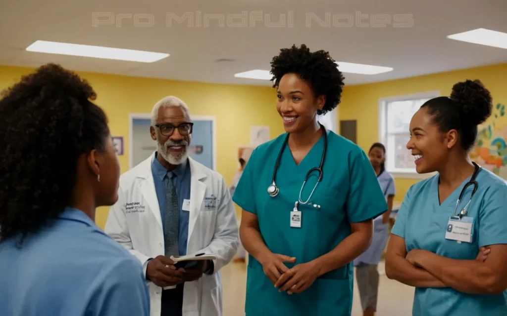 A diverse group of healthcare professionals interacting with patients in a warmly lit room