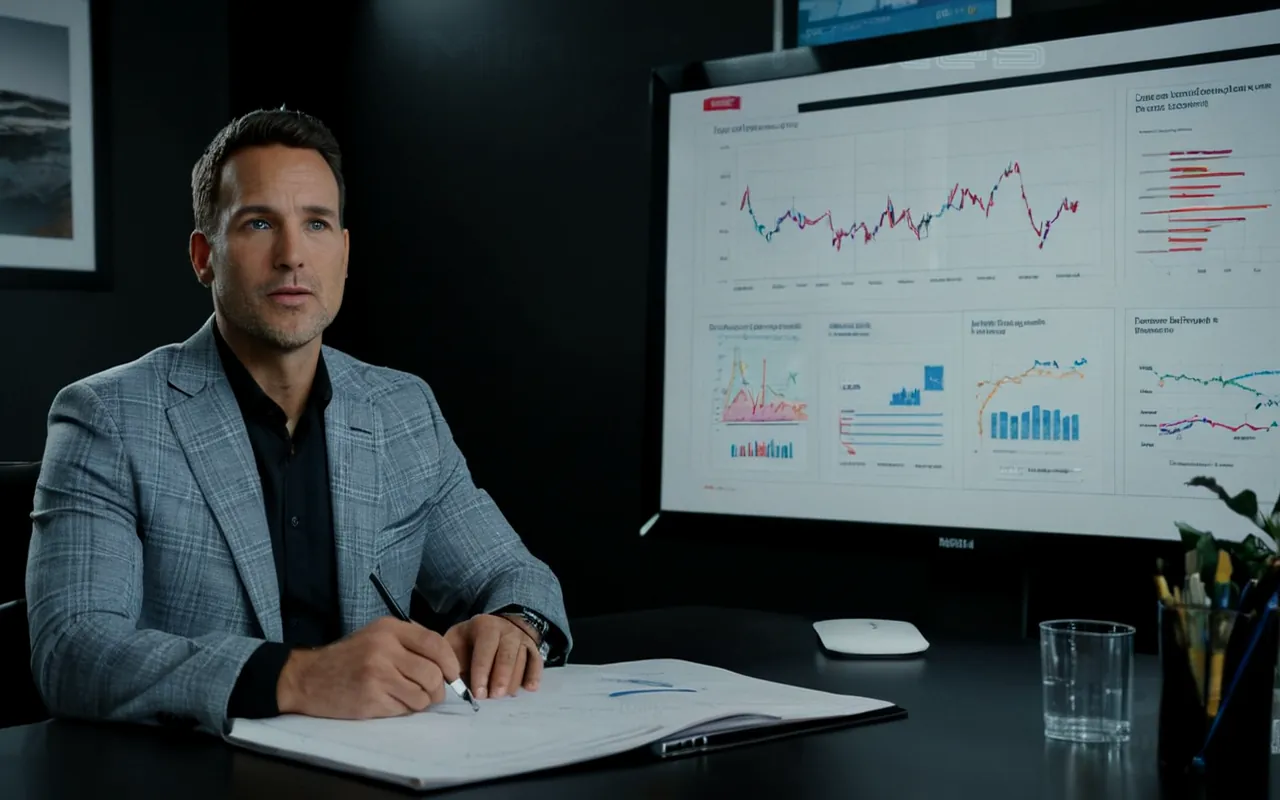 A determined entrepreneur seated at an organized workspace, focused on digital screens displaying dynamic graphs and innovative tools for goal tracking and time management A motivational quote about self-reliance framed subtly in the background, emphasizing professional growth and ethical conduct