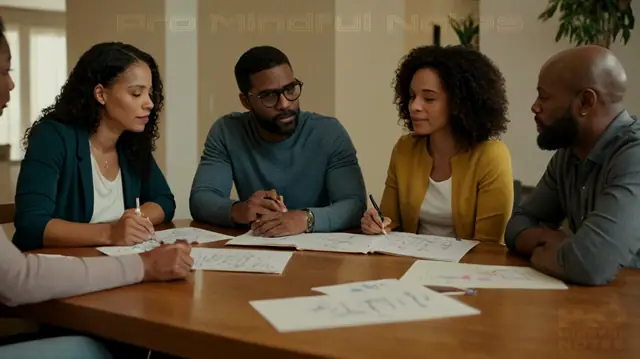A diverse group of individuals engaged in a warm conversation, therapeutic diagrams illustrating relational dynamics, colorful handwritten notes scattered on a table, intimate family interactions during therapy sessions, and professional therapists observing quietly