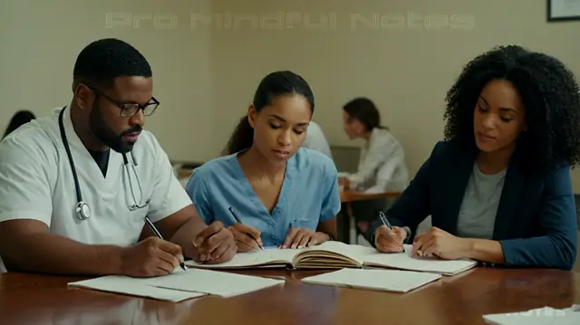 A diverse group of individuals engaged in focused mental health assessments, writing FIRP notes, organizing patient records, highlighting key medical information, and consulting insurance guidelines for reimbursement purposes