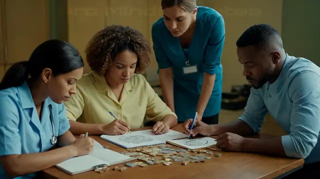 A group of diverse adults in various stages of mental activity and concentration, symbols representing attention, memory, language, problem-solving, an unlocking key or lock mechanism, a healthcare professional observing and assessing cognitive abilities, different colors and visual cues for emotional and behavioral states