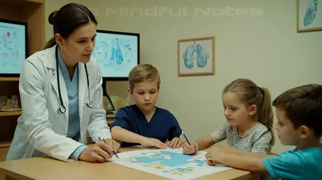 Children engaging in play therapy, doctors examining young patients, medical charts filled with organized information, digital templates displayed on a computer screen