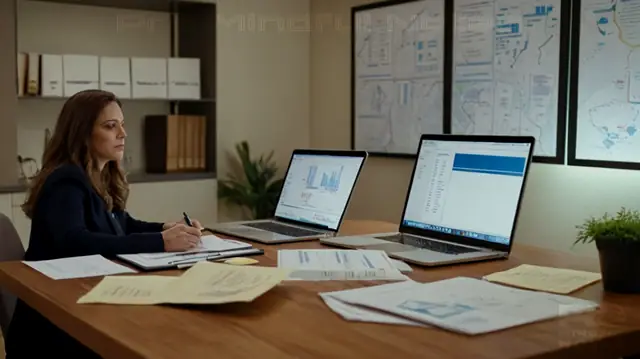 A psychologist in a cozy office setting, a stack of papers symbolizing session notes, various client-related documents spread across a table, computer displaying therapeutic relationship charts and progress tracking software icons