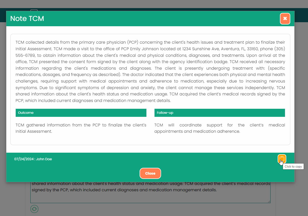 View displayed once the user has clicked the preview button. This view includes the option to copy the note to the system clipboard.