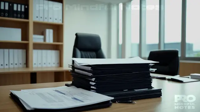A professional in foreground, stacks of legal documents, consultation table, digital clock, serene office interior