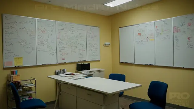A whiteboard filled with diagrams, a doctor's profile in mid-discussion, stacks of psychology journals, a serene therapy room setting, and an assortment of colorful therapeutic tools