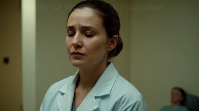 A doctor observing a patient's facial expressions, hands shaking, closed eyes, slumped posture, empty gaze, solitary room setting, muted colors, somber atmosphere