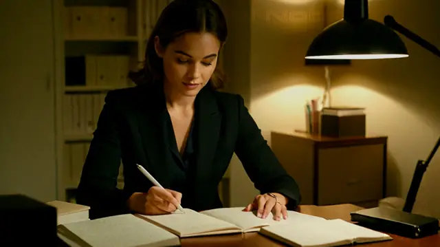 A professional conducting research on paper, handwritten SIRP note format in focus, serene office environment, focused expression on face, evening light casting shadows on desk, piles of academic journals and books in background, refined digital illustration style
