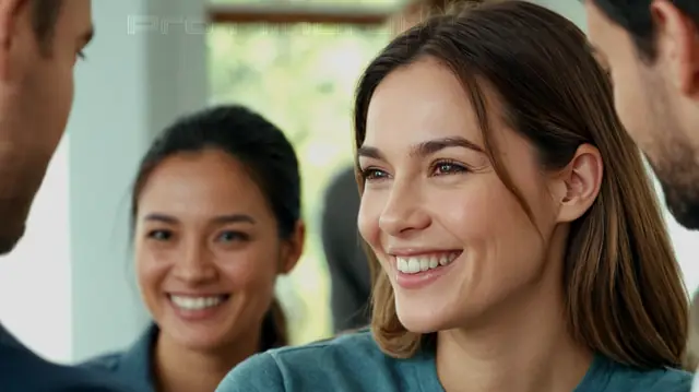 A person smiling confidently, group interaction in a supportive setting, visual representation of personal growth and progress