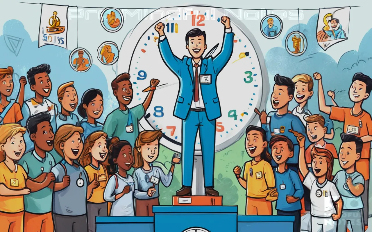 A motivated leader standing confidently atop an obstacle course, surrounded by cheering team members, a digital clock showing time management, various symbols of achievement (medals, trophies), high-performing employees engaged in focused work